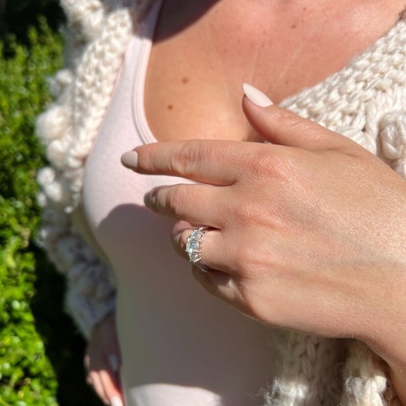 Real Moissanite Promise Engagement Ring Silver Three Stone VVS D Color - Picture 5 of 10